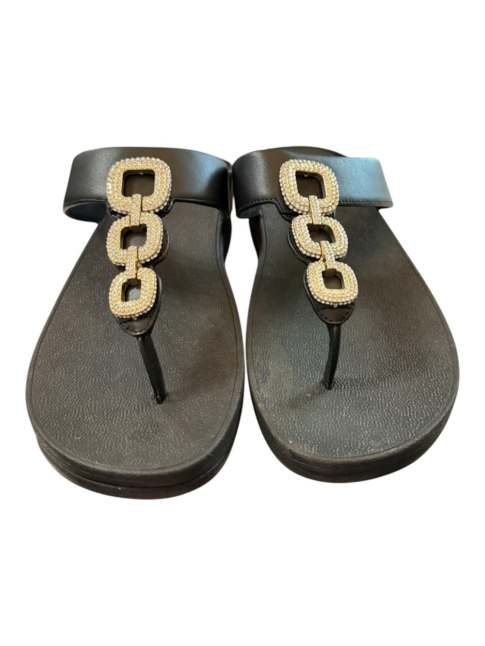 FitFlop Fino Crystal-Chain Leather Toe-Post Sandals Black Size 11 EU 43 NIB